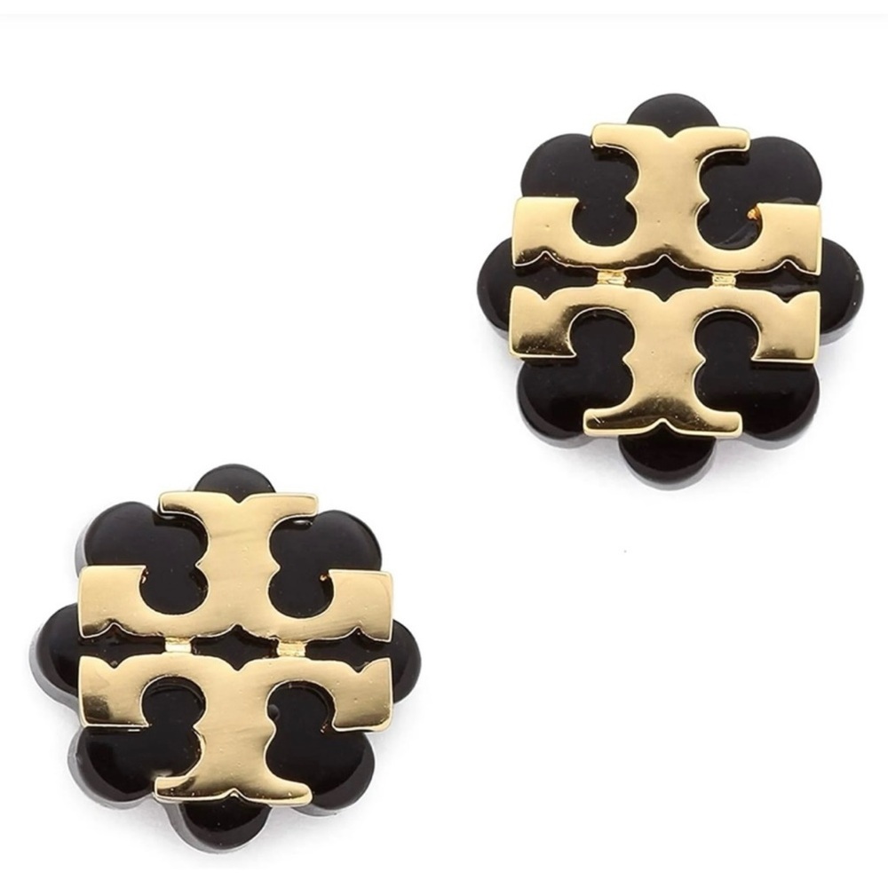 Tory Burch Black and Gold Geometric Logo Studs